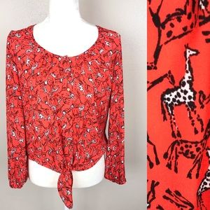Chaus giraffe print tie front blouse in orange